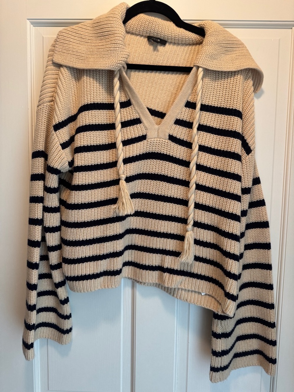 Striped V-Neck Drawstring Sweater - Cream/Navy